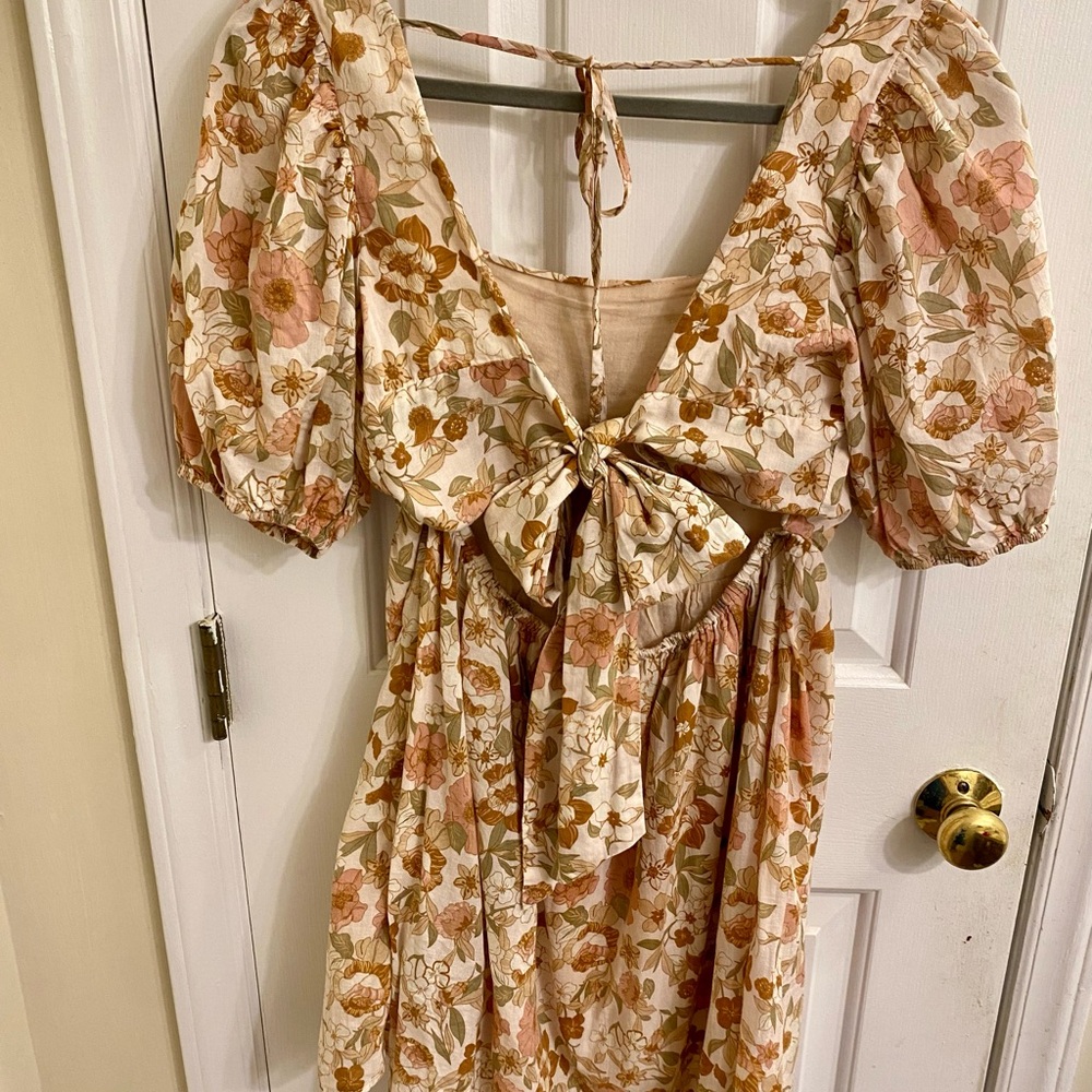 DRESS FORUM BOHO FLORAL MINI DRESS PUFF SLEEVES AND BOW COASTAL COWGIRL LARGE - Picture 13 of 16